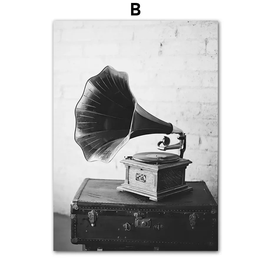 Black White Retro Camera Gramophone Phone Wall Art PaintingCanvas Nordic Posters And Prints Wall Pictures For Living Room Decor - HOMELIVING