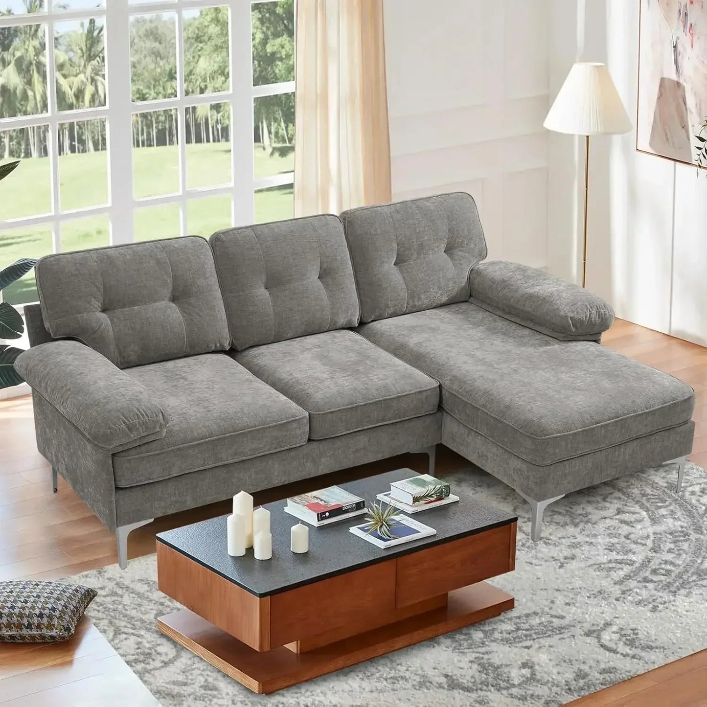 83" Chenille L Shape Convertible Sofa, Modern Sofa Couch for Living Room, 3-Seat Comfy Sofa Sectional with Reversible Storage - HOMELIVING