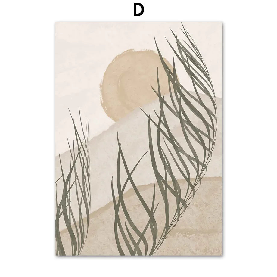 Nature Abstract Bamboo Leaf Sun Bird Boho Canvas Art