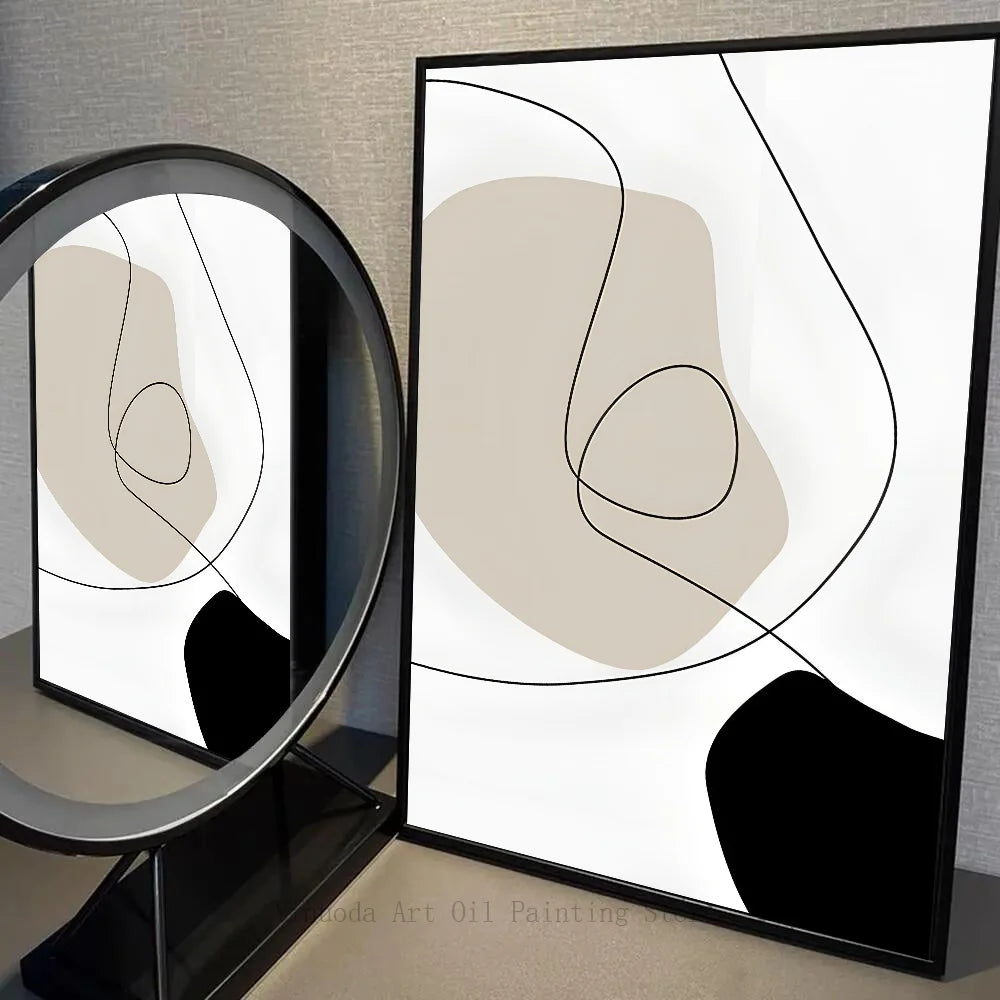 Abstract Geometric Beige Black Boho Art Wall Decor - HOMELIVING