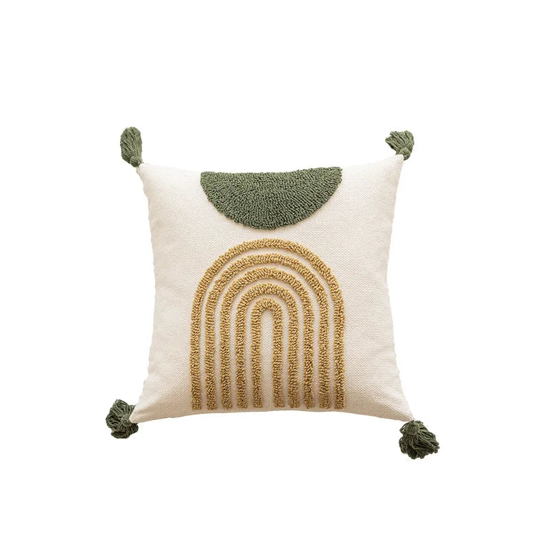 Indian Geometric Tuft Tassel Cushion Cover - Green Coffee
