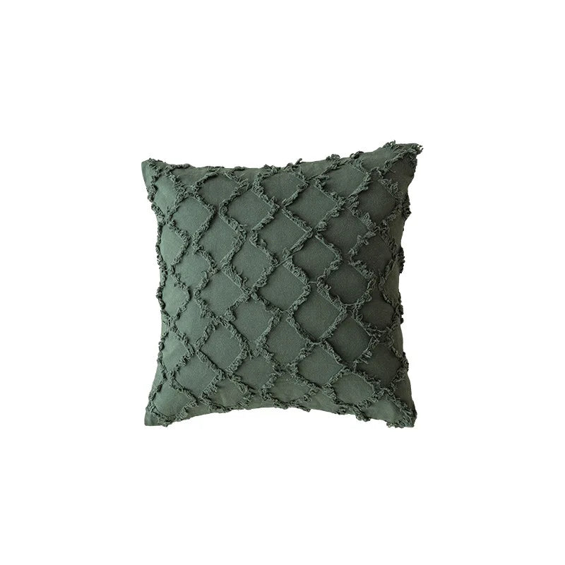 Indian Geometric Tuft Tassel Cushion Cover - Green Coffee