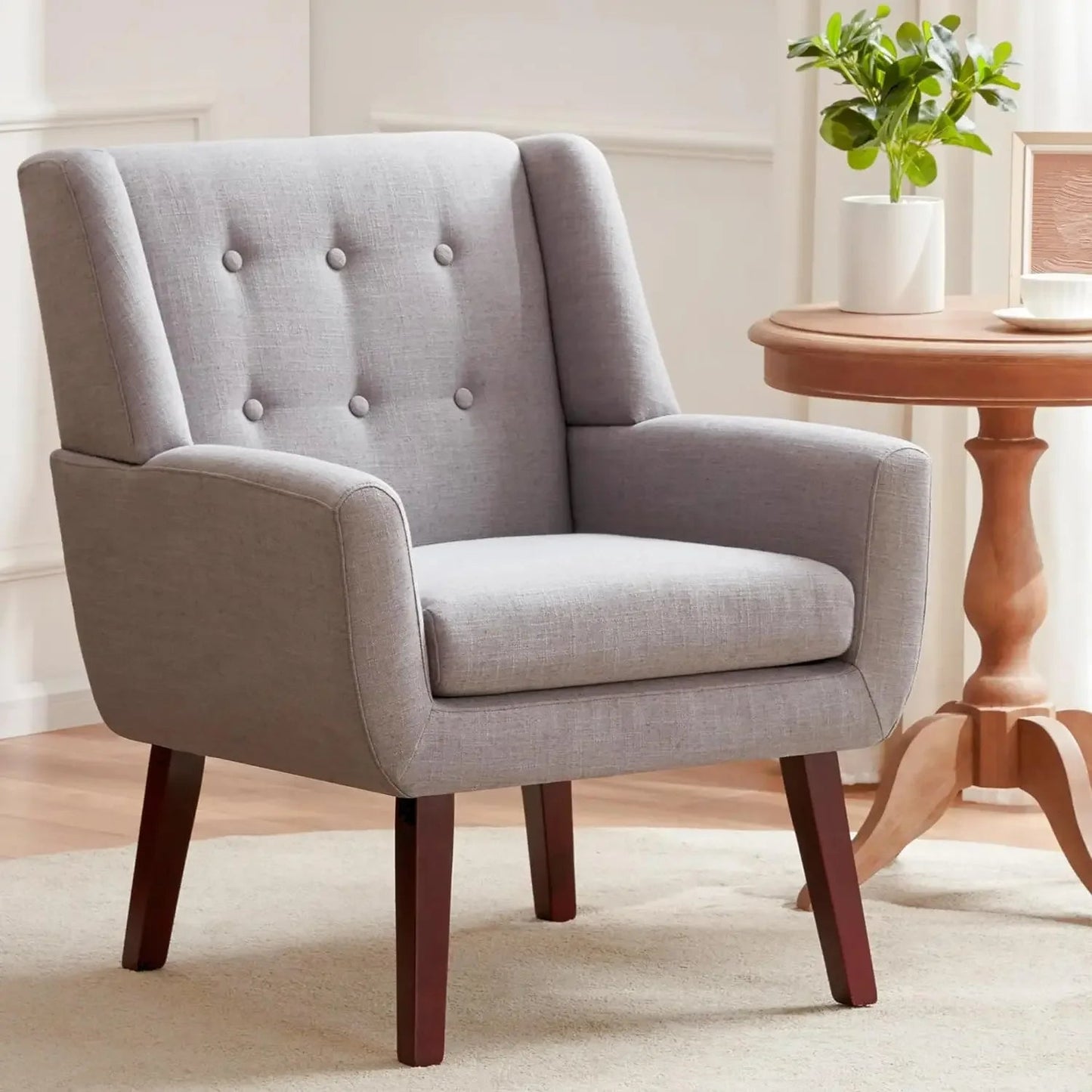 Upholstered Button-tufted Armchair,Linen Sofa Chairs for Bedrooms and Living Rooms,Mid-Century Modern Comfort Reading Chair - HOMELIVING