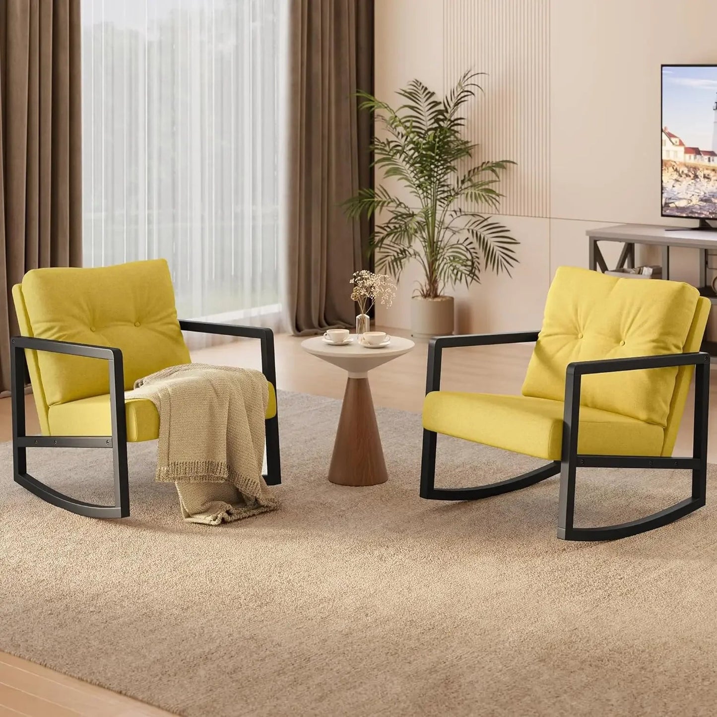 Mid Century Accent Rocking Chair, Upholstered Linen Chair, Single Recliner Armchair with Extra Back Pillow, Solid Wood Frame - HOMELIVING
