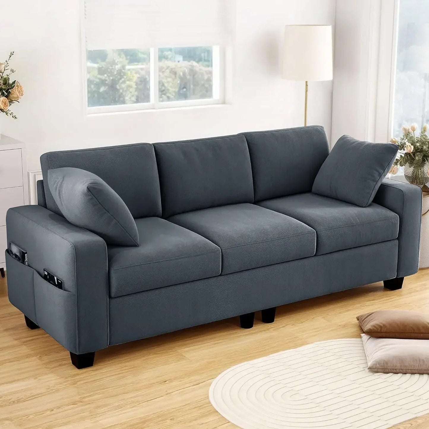 Comfy Upholstered Sofa Couch , Modern 3-Seater Couch Sleeper with Side Pocket, Loveseat for Living Room Apartment Office - HOMELIVING