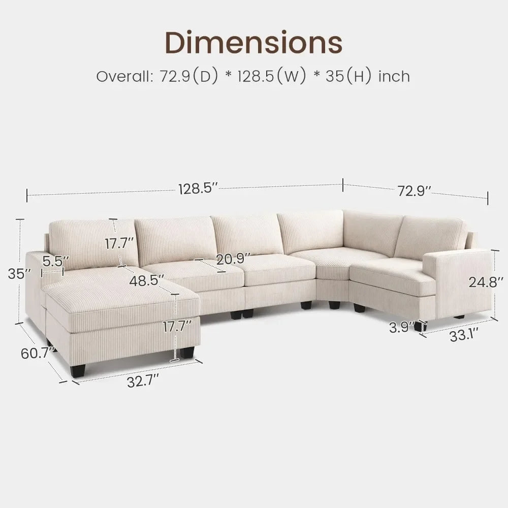 Sectional Sofa with Storage Ottoman, U Shape Sectional Couch Corduroy Modular Sectional Couches for Living Room, Beige - HOMELIVING