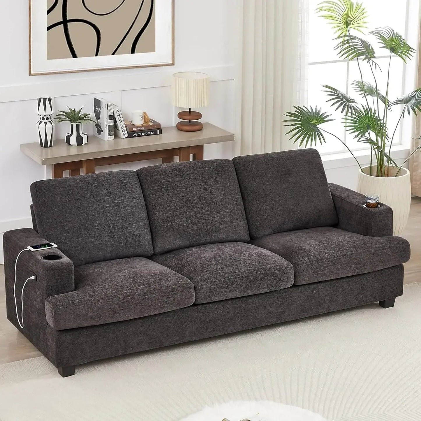 89" Sofa, Comfy Sofa Couch with Extra Deep Seats, Modern 3 Seater Sofa with USB Charging Ports & 2 Cup Holders - HOMELIVING