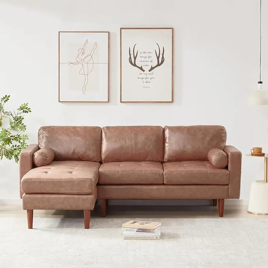 L Shaped Sofa-80 Sectional w/Tufted Seat Cushion Convertible Sofa Mid Century Modern Linen Fabric Couches for Living Room - HOMELIVING