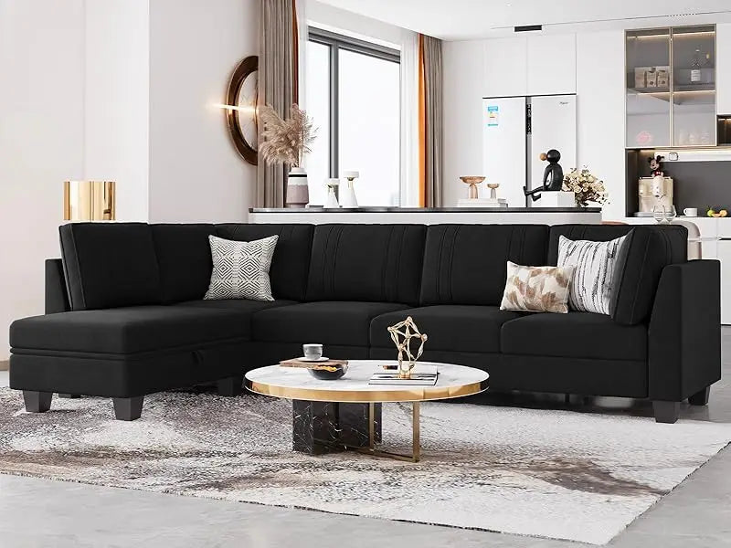 L Shaped Sofa Fabric Reversible Sectional Sofa with Storage Ottoman Convertible L-Shaped Couch Grey - HOMELIVING