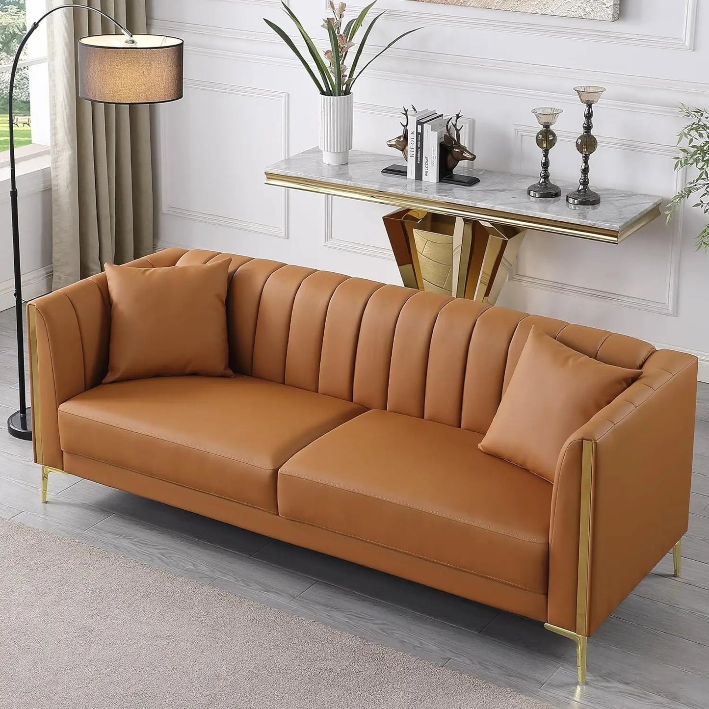 78'' Sofa, Modern White Couches for Living Room, Comfy, Faux Leather Sofa 3 Seater Sofa with 2 Throw Pillows and Gold Metal Legs - HOMELIVING