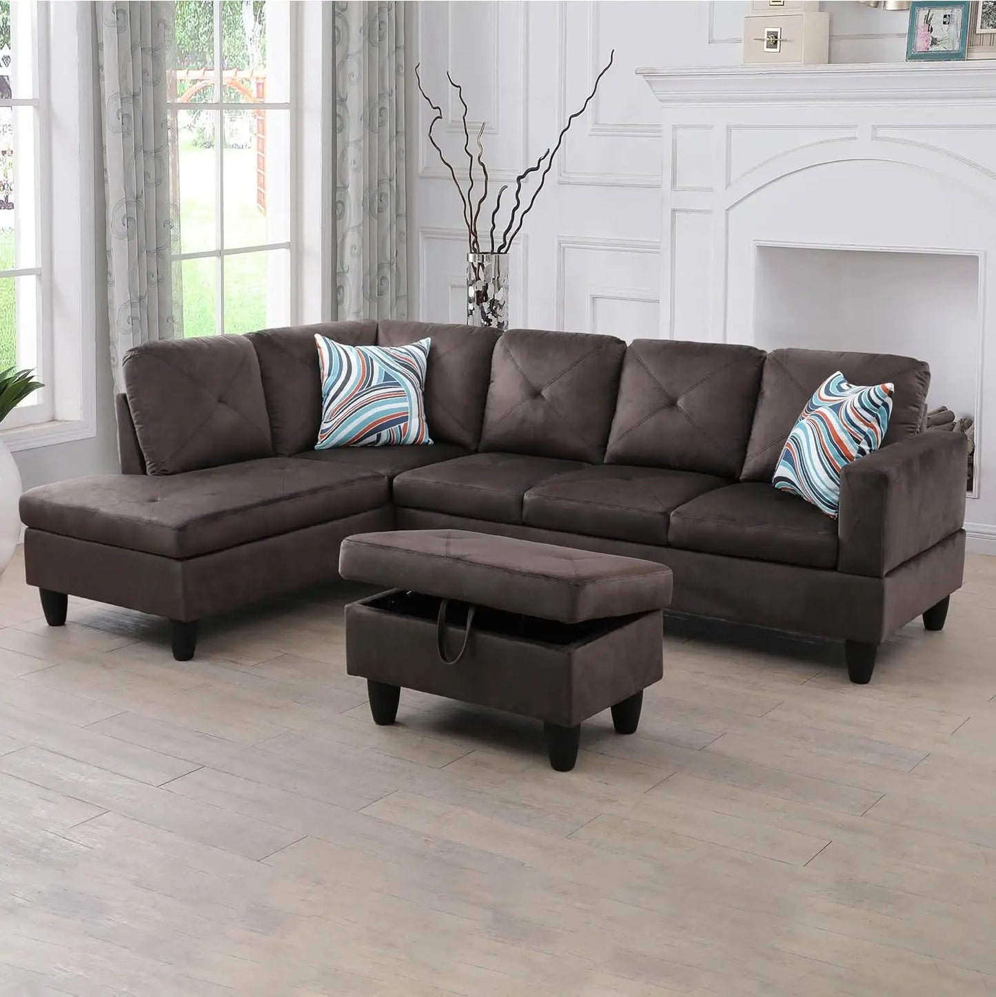 Sectional Sofa, Modular Sectional Sofa with Chaise, Flannel Modular Couch with Storage Ottoman, L Shaped Sofas & Couches - HOMELIVING