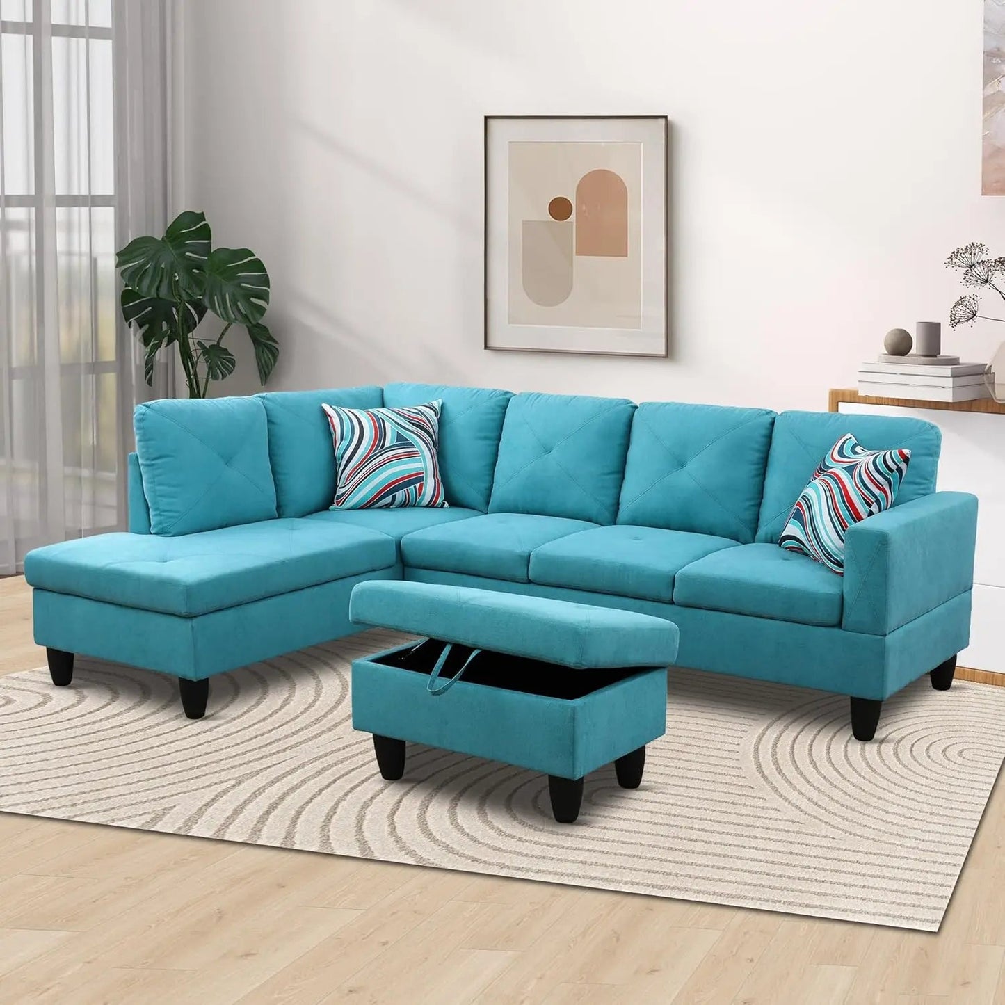 Sectional Sofa, Modular Sectional Sofa with Chaise, Flannel Modular Couch with Storage Ottoman, L Shaped Sofas & Couches - HOMELIVING