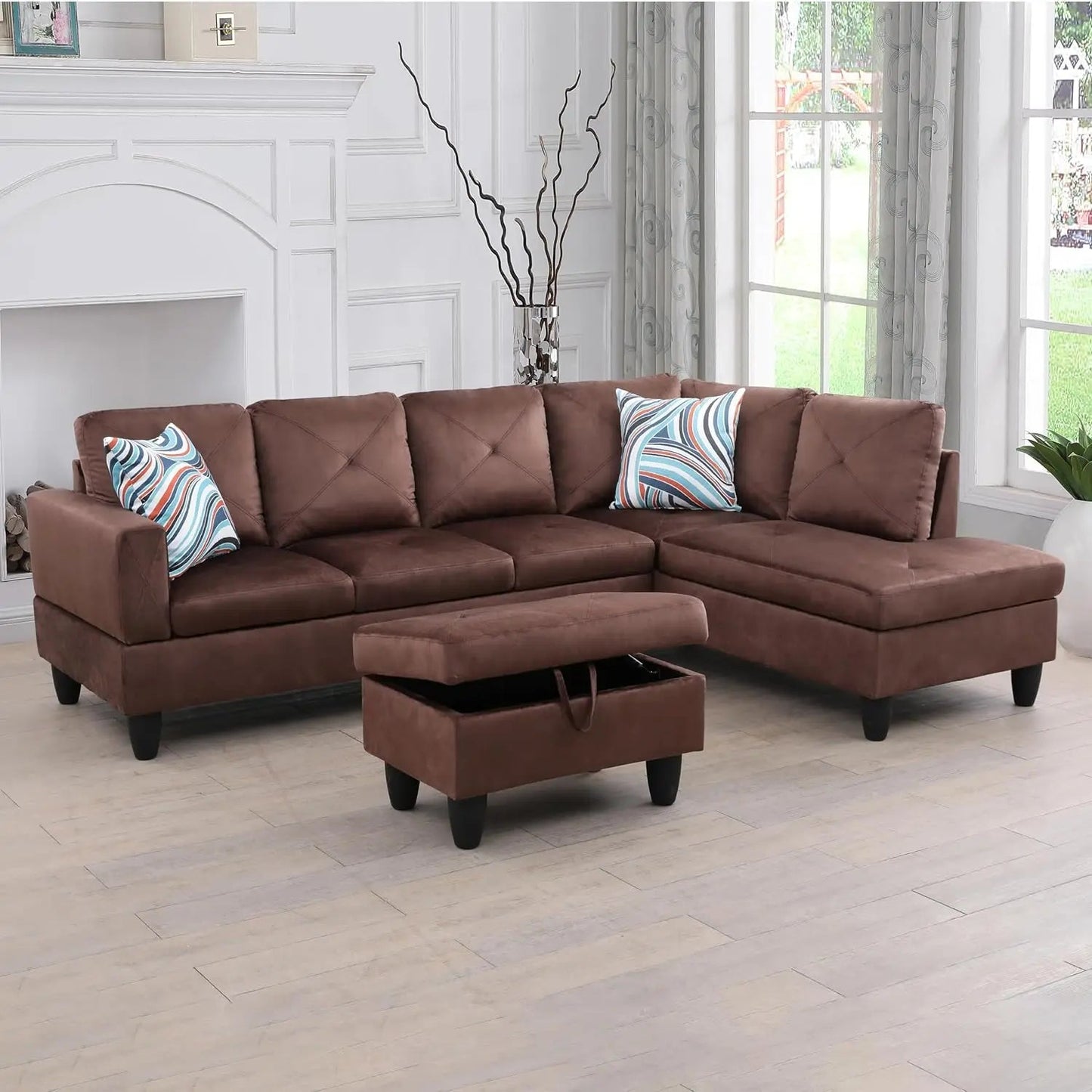 Sectional Sofa, Modular Sectional Sofa with Chaise, Flannel Modular Couch with Storage Ottoman, L Shaped Sofas & Couches - HOMELIVING