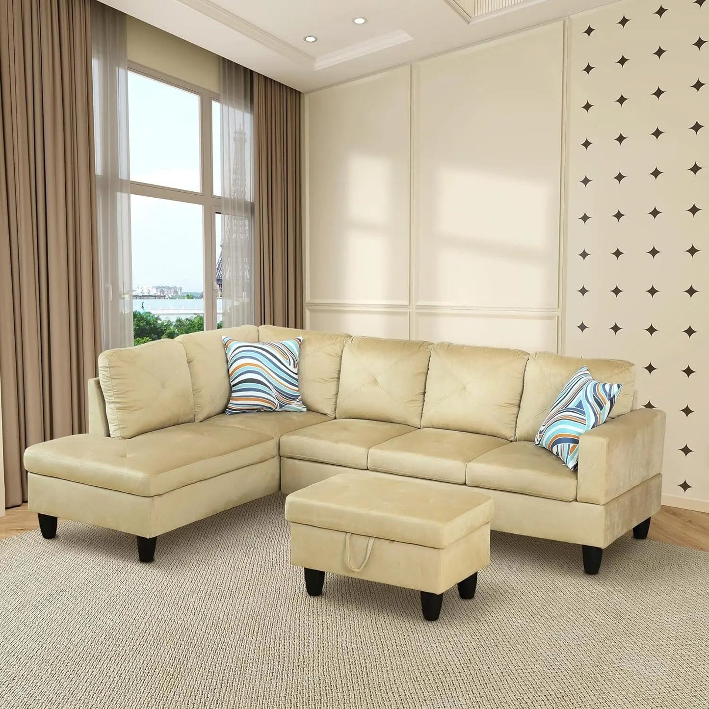 Sectional Sofa, Modular Sectional Sofa with Chaise, Flannel Modular Couch with Storage Ottoman, L Shaped Sofas & Couches - HOMELIVING