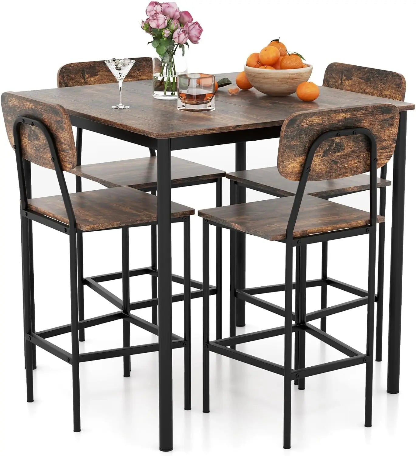 5-Piece Dining Table Set W/Counter Height Table & 4 Bar Stools,Kitchen Dining Set W/Footrest & Backrest,Space-Saving Dinette Set - HOMELIVING