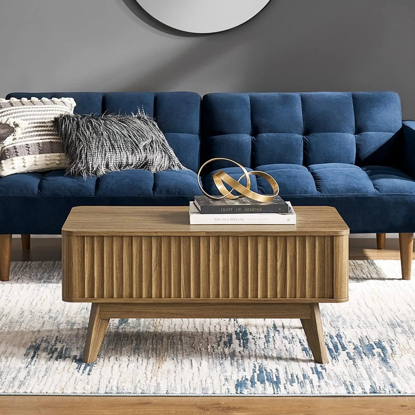 Modern coffee table, living room lift, mid century, with lift top and hidden storage space, lift dining table (oak),coffee table - HOMELIVING