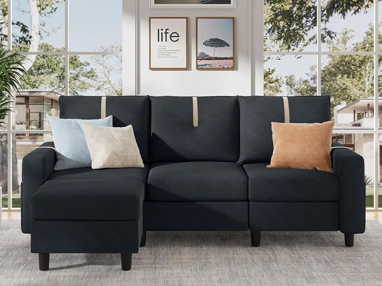 80" Convertible Sectional Sofa, Modern Linen Small L Shaped Couch with Reversible Ottoman & Storage Pockets, 3 Seat Sofa Couches - HOMELIVING