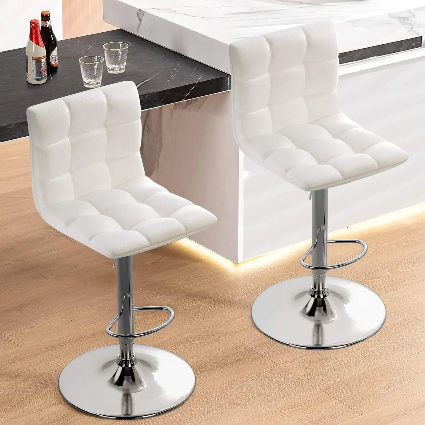 Bar Stools Set of 2, Swivel Adjustable Barstools with Back and Footrest, PU Leather Upholstered Counter Height Bar Stools - HOMELIVING