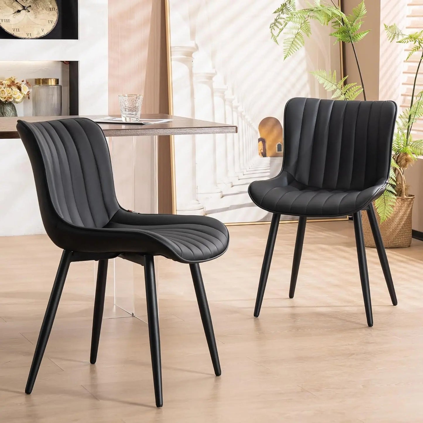 Black Dining Chairs Set of 2 Upholstered Mid Century Modern Kitchen Dinning Room Chair Armless Faux Leather Accent Chairs - HOMELIVING