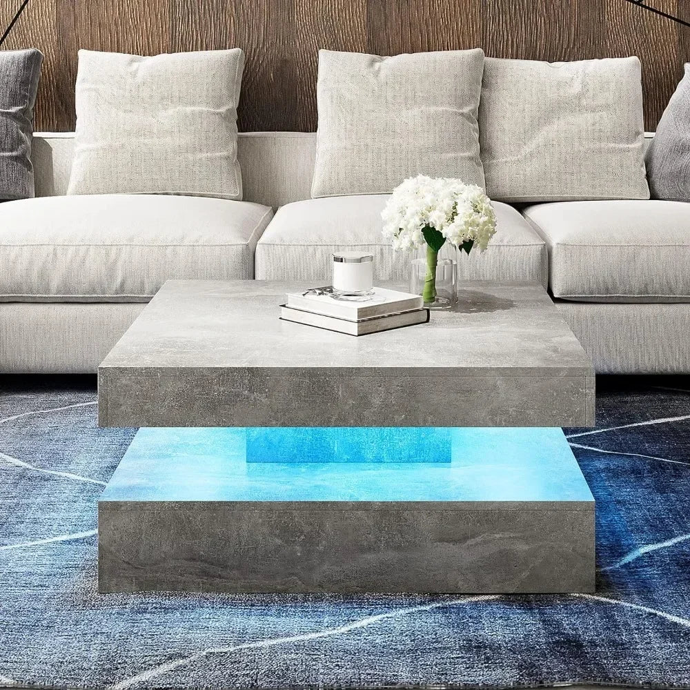 Coffee Table for Living Room,Wooden Square 2-Tier Modern Middle Center Table,Coffee Table with Plug-in LED Light,Coffee Tables - HOMELIVING