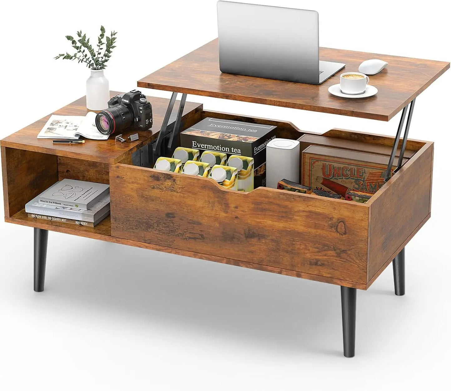 Living Room Lift Coffee Table, Small Lift Wooden Dining Center Table with Storage Rack and Hidden Compartment - HOMELIVING