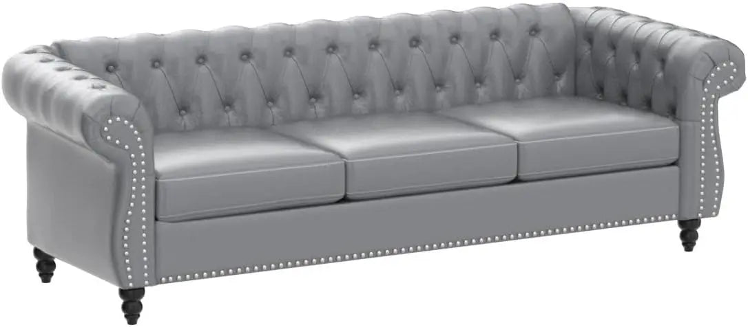 Modern 3 Seater Couch,Roll Arm Classic Tufted Chesterfield Settee Leather Sofa w/ Channel Tufted Seat Back for Living Room,Black - HOMELIVING
