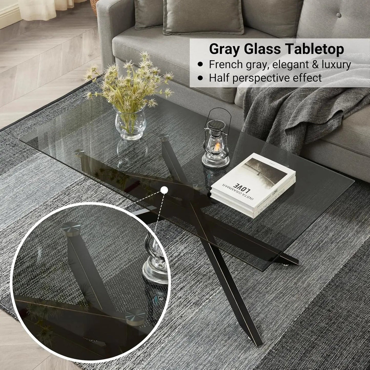 Rectangle Modern Coffee Table, Gray Tempered Glass Table Top and Black Metal Tubular Legs 47.3”Lx23.6”Wx18.1”H - HOMELIVING