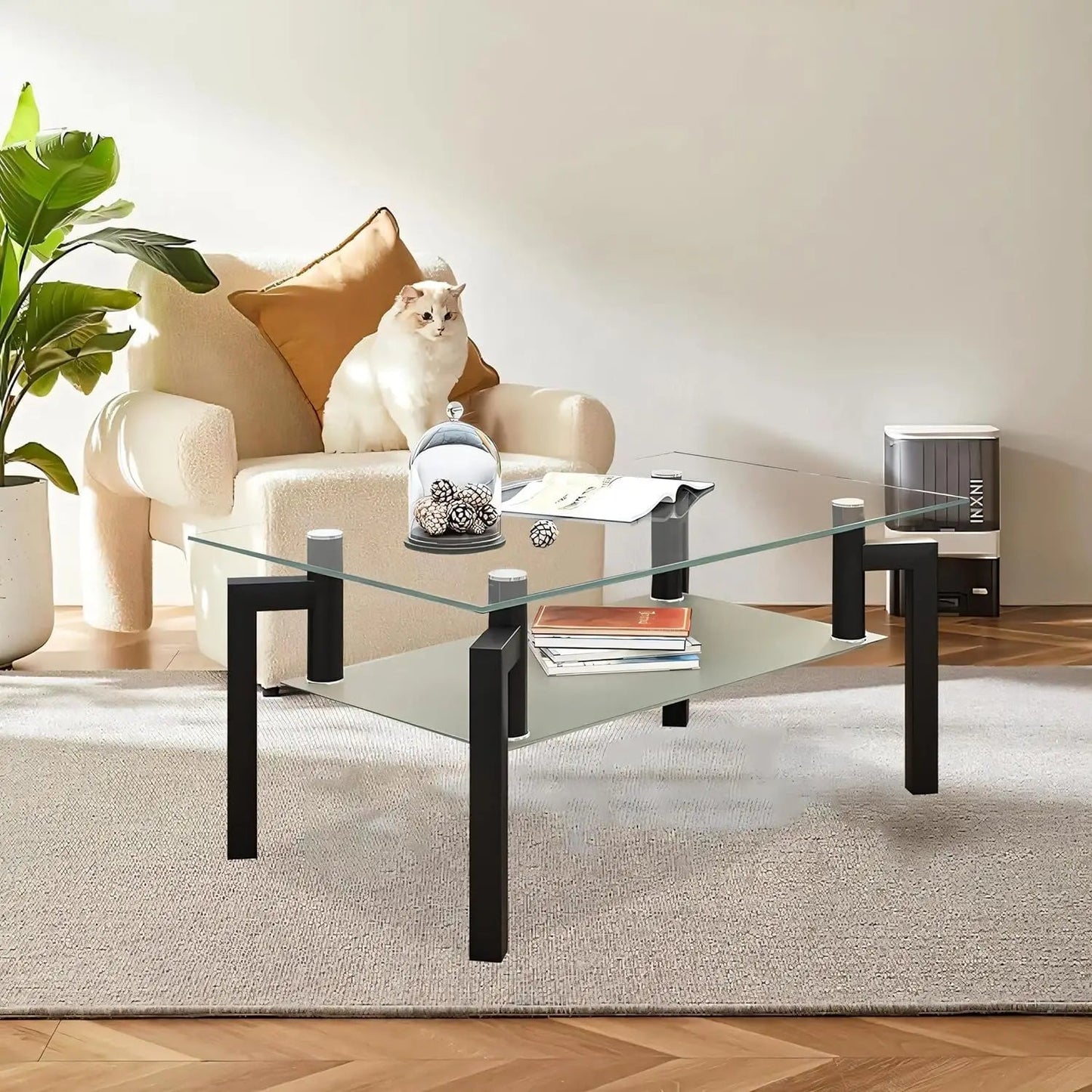 Rectangular Modern Coffee Table, 2-story Tempered Glass Edge Table, Living Room Table with Lower Shelf - HOMELIVING