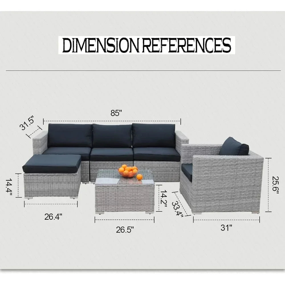 6pcs Patio Furniture Set PE Gray Rattan Wicker Sectional Outdoor Sofa Set Outside Couch w/Black Washable Seat Cushions - HOMELIVING