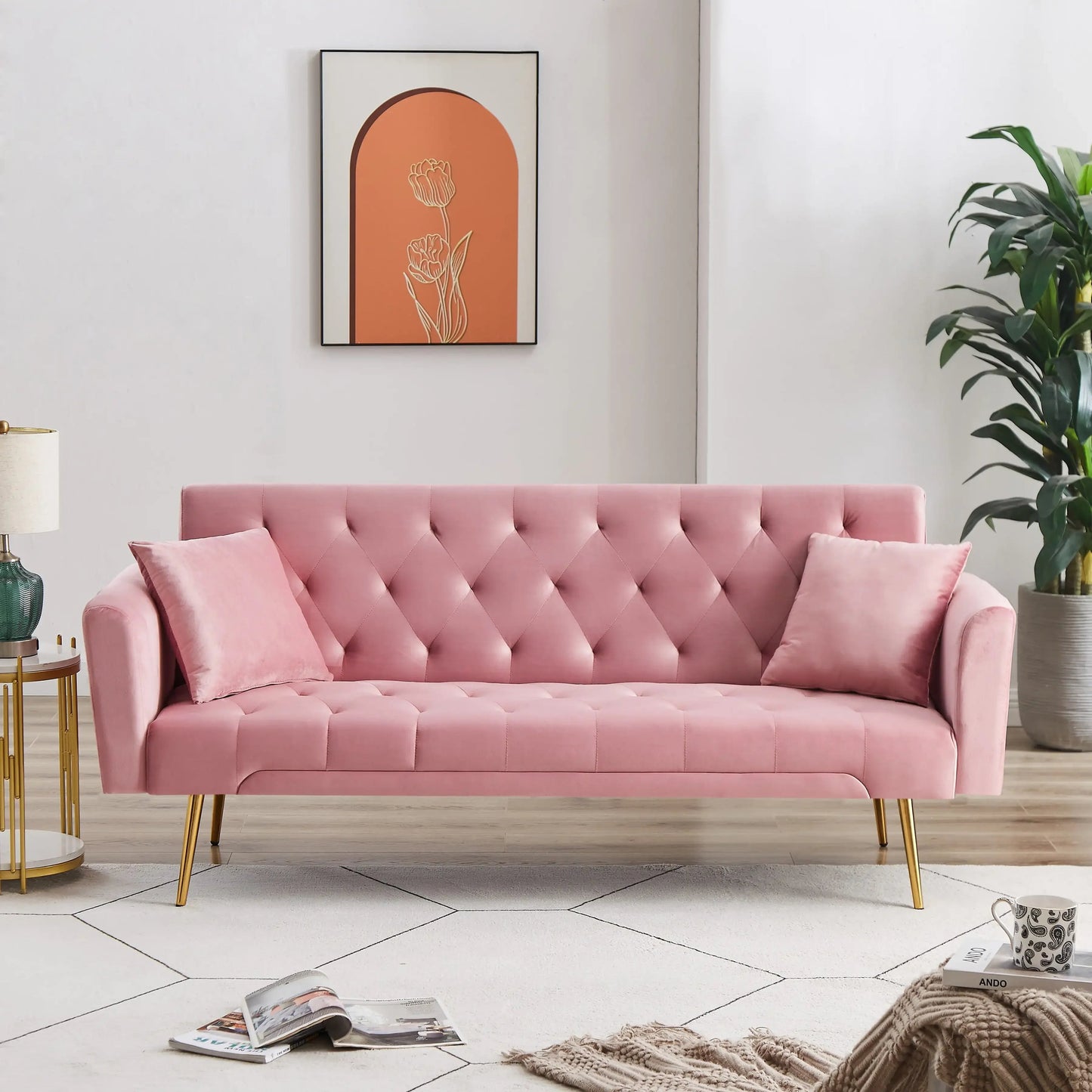 71 Inches Velvet Futon Sofa Bed with 2 Pillows,Modern Convertible Futon Couch w/3 Adjustable Backrest Angles and Gold Metal Feet - HOMELIVING