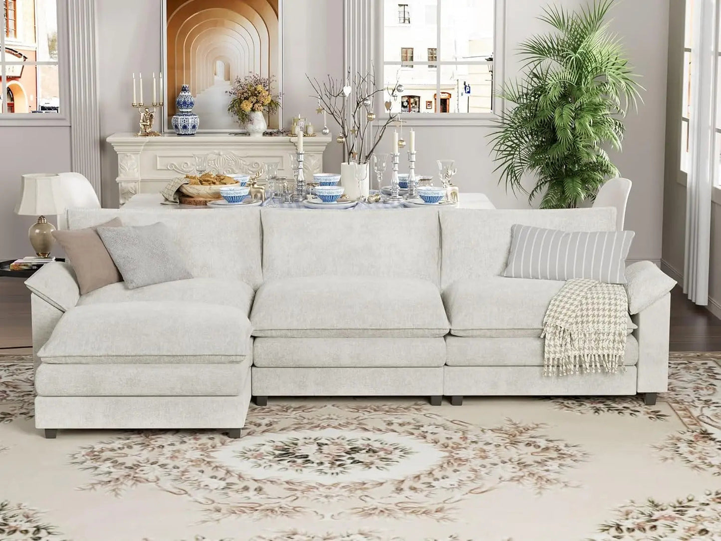 Sectional Modular Sofa L Shaped Chenille Fabric Couch with High Supportive & Soft Sponges and Removable Ottoman - HOMELIVING