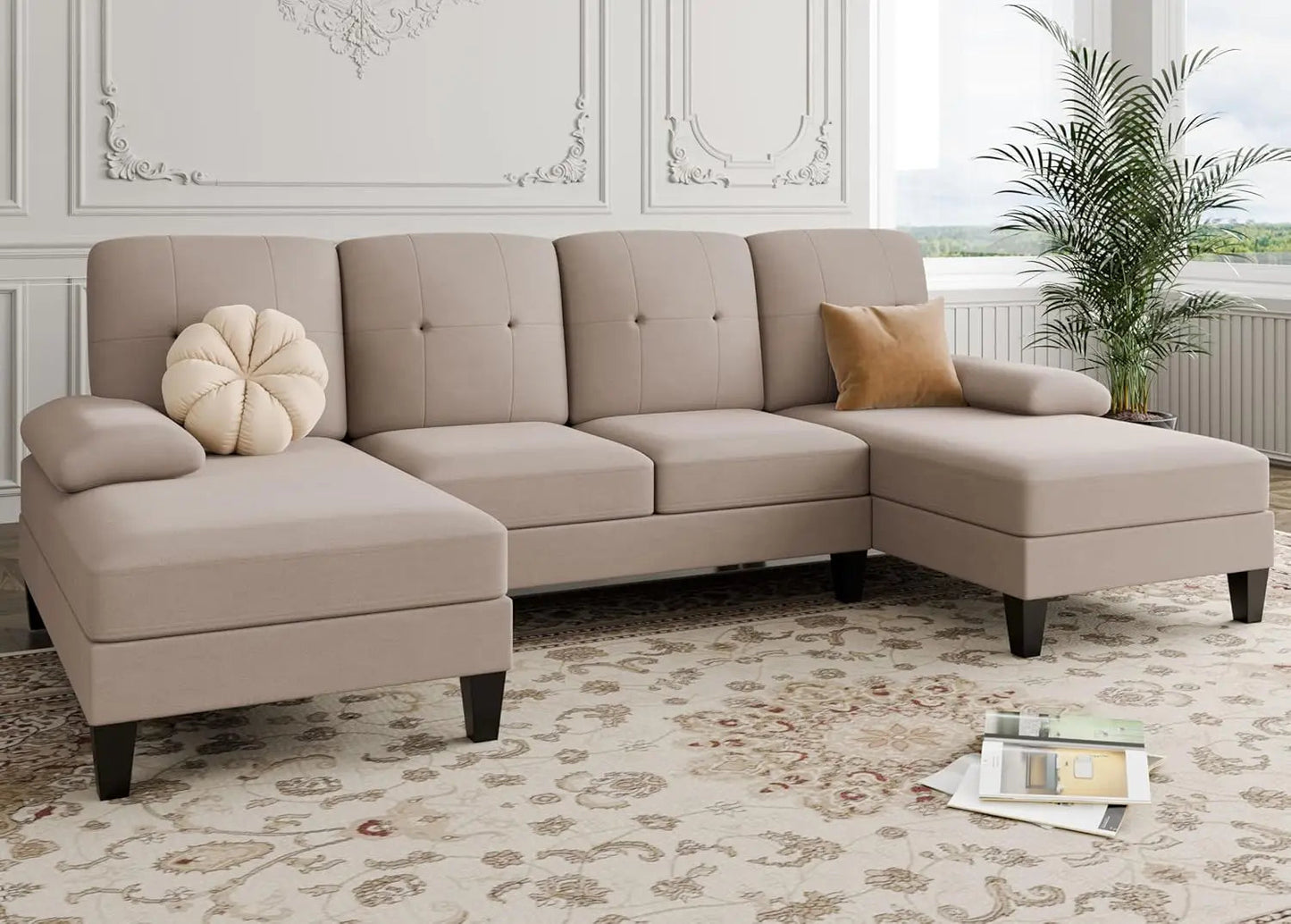 Sectional Sofa Couch, U-Shaped Sofa Couch with Double Chaise, 4-Seat Sleeper Sofa Couch with Thick Cushion & Linen Fabric - HOMELIVING