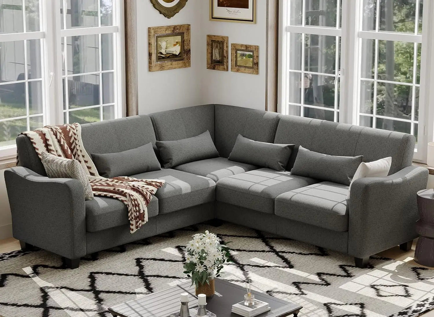 Fabric L Shaped Sofa Small Sectional Couch with Chaise Solid Corner Sofa Small L Couches 4 Seater Sofa Bluish Grey - HOMELIVING