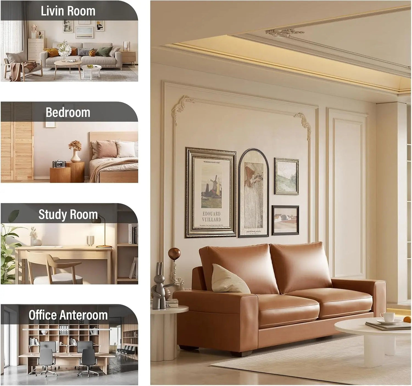 Faux Leather Sofa Couch with Wide Arm and Side Pocke, Living Room Loveseat Sofa with Solid Wooden Frame and Padded Cushion - HOMELIVING