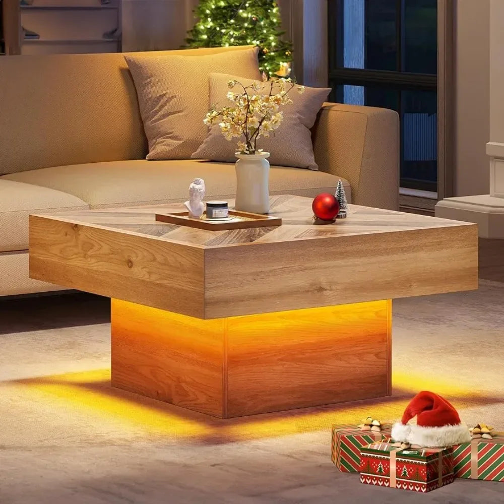 Farmhouse coffee table Living room square coffee table Wooden LED with storage Table with 2 drawers, brown - HOMELIVING