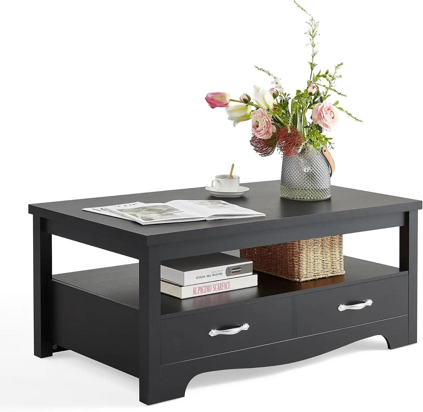 Farmhouse Coffee Table with Storage, Wood Coffee Table for Living Room, Open Display Area and Storage Drawers with Metal Handles - HOMELIVING