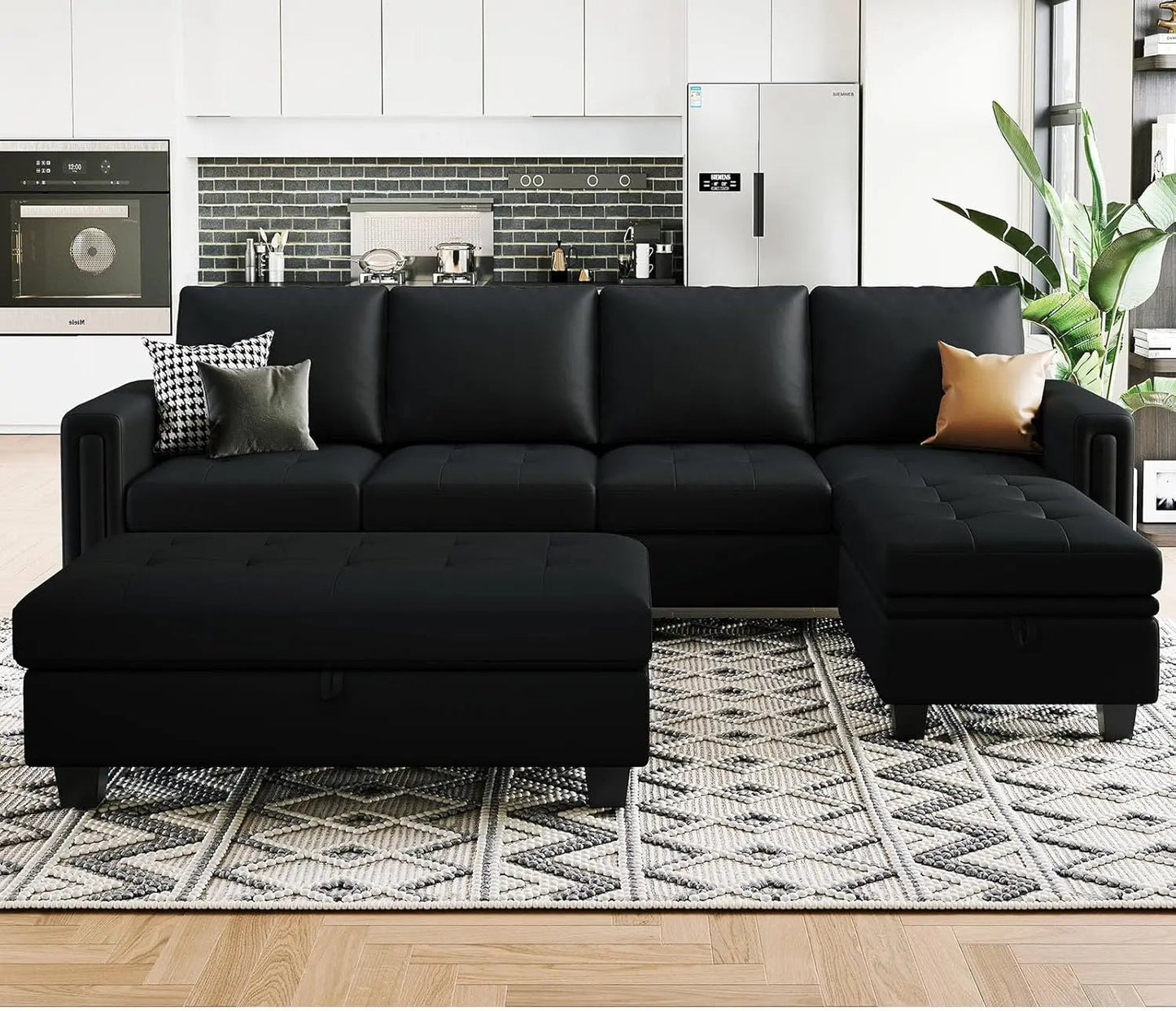 Faux Leather L Shaped Sectional Sofa Set Convertible Sectional Couch w/ Reversible Chaise Leather L Shape 4-seat Sectional Couch - HOMELIVING