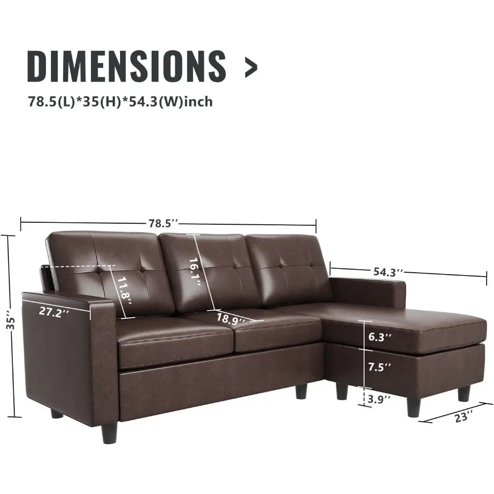 Faux Leather Sectional Sofa, Convertible Sectional Couch L Shaped Couch Sofa for Small Space, Brown - HOMELIVING