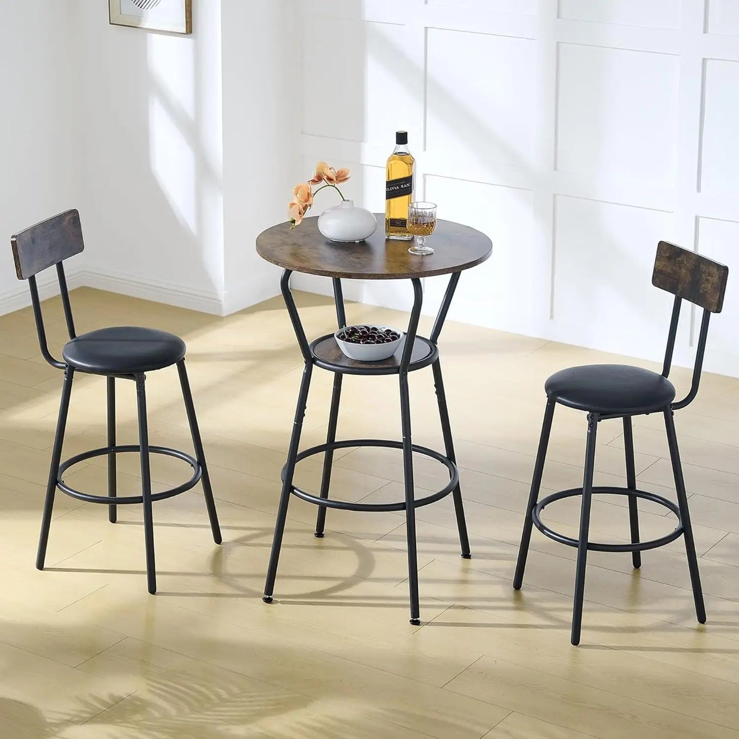 Round Bar Table and 2 Chairs Set, Counter Height Two-Level Circle Dining Table Set for 2 with Storage, for Bars, Dining Tables - HOMELIVING