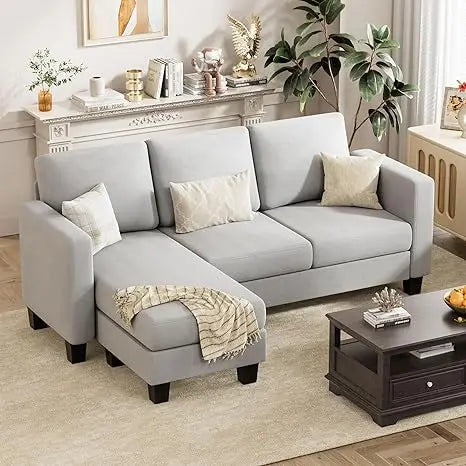 Sectional Sofa Couch, 3 Seat L-Shaped Sofa with Linen Fabric, Movable Ottoman Small Couch for Small apartments - HOMELIVING