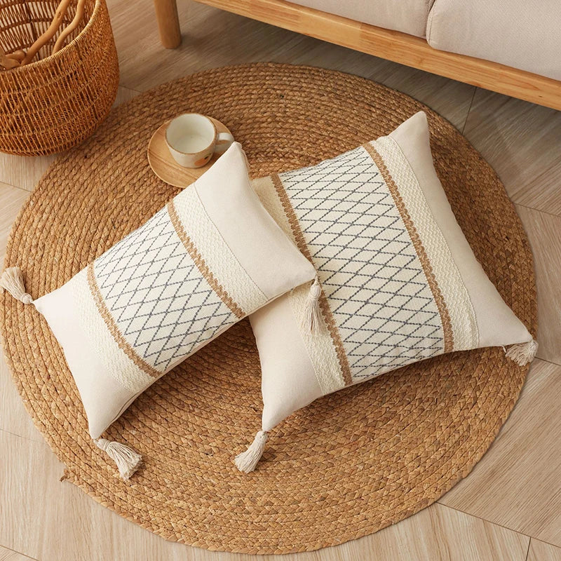 Boho Cotton & Linen Tassel Cushion Cover - Geometric Design