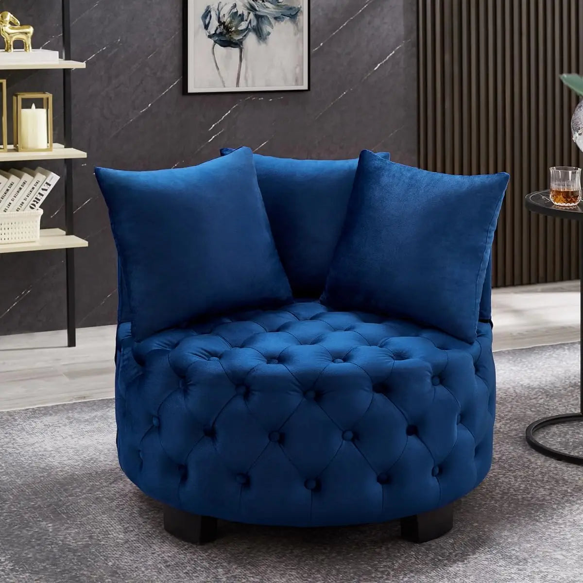 Contemporary Upholstered Tufted Leisure Chair Accent Chair,Sofa Lounge Club Round Chair with 3 Pillows, Barrel Chair - HOMELIVING