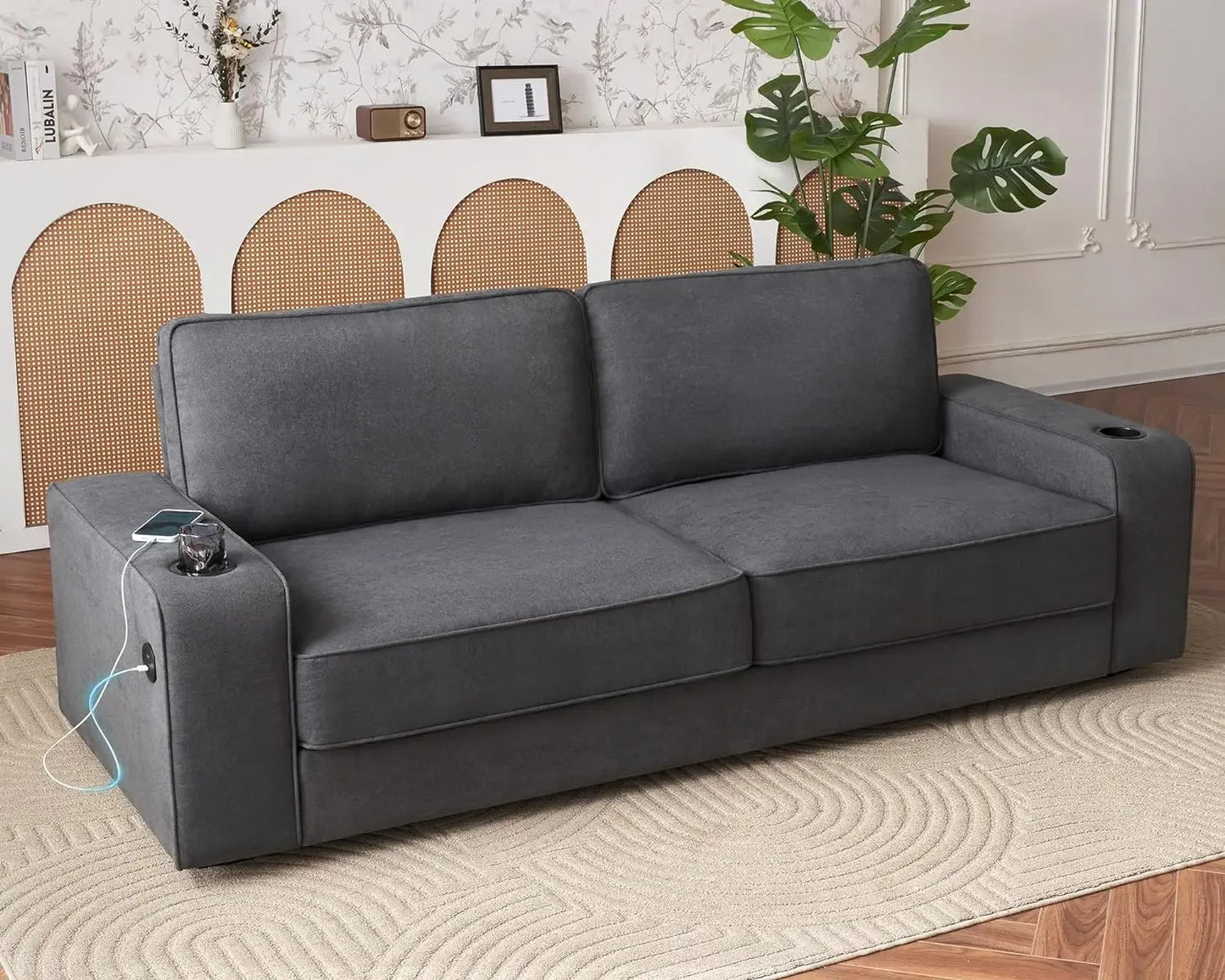 Deep Seat Sofa with USB Charging Ports & Cup Holders, Modern Sofa Couch- Comfy Couch for Living Room - HOMELIVING