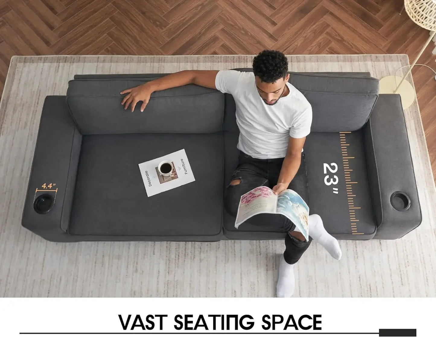 Deep Seat Sofa with USB Charging Ports & Cup Holders, Modern Sofa Couch- Comfy Couch for Living Room - HOMELIVING