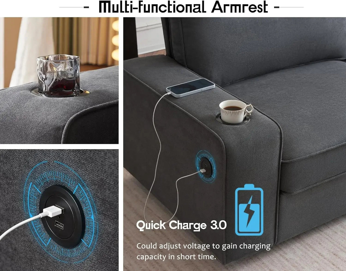 Deep Seat Sofa with USB Charging Ports & Cup Holders, Modern Sofa Couch- Comfy Couch for Living Room - HOMELIVING