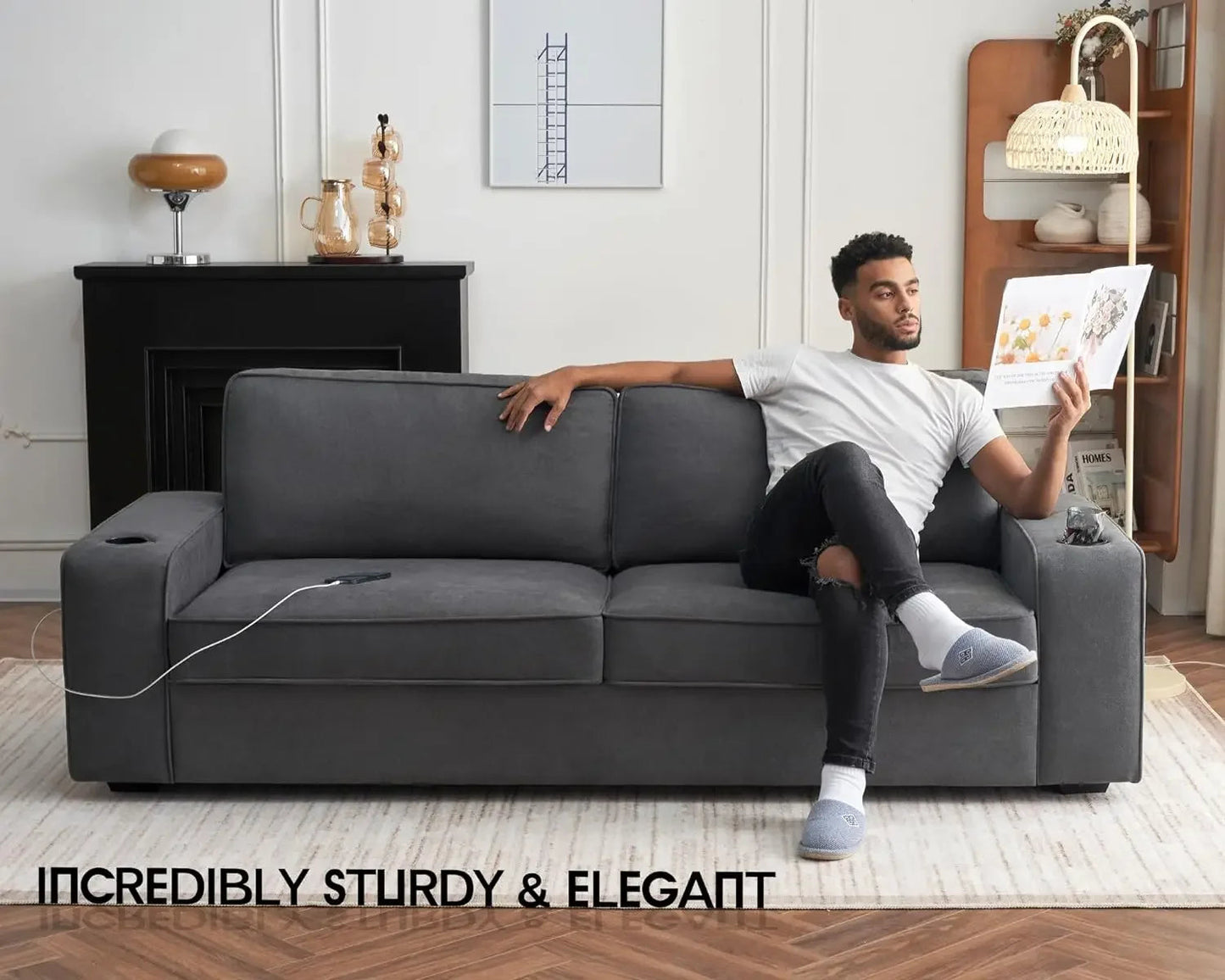 Deep Seat Sofa with USB Charging Ports & Cup Holders, Modern Sofa Couch- Comfy Couch for Living Room - HOMELIVING