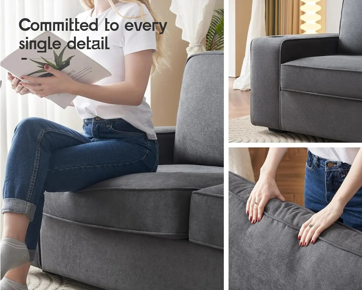 Deep Seat Sofa with USB Charging Ports & Cup Holders, Modern Sofa Couch- Comfy Couch for Living Room - HOMELIVING