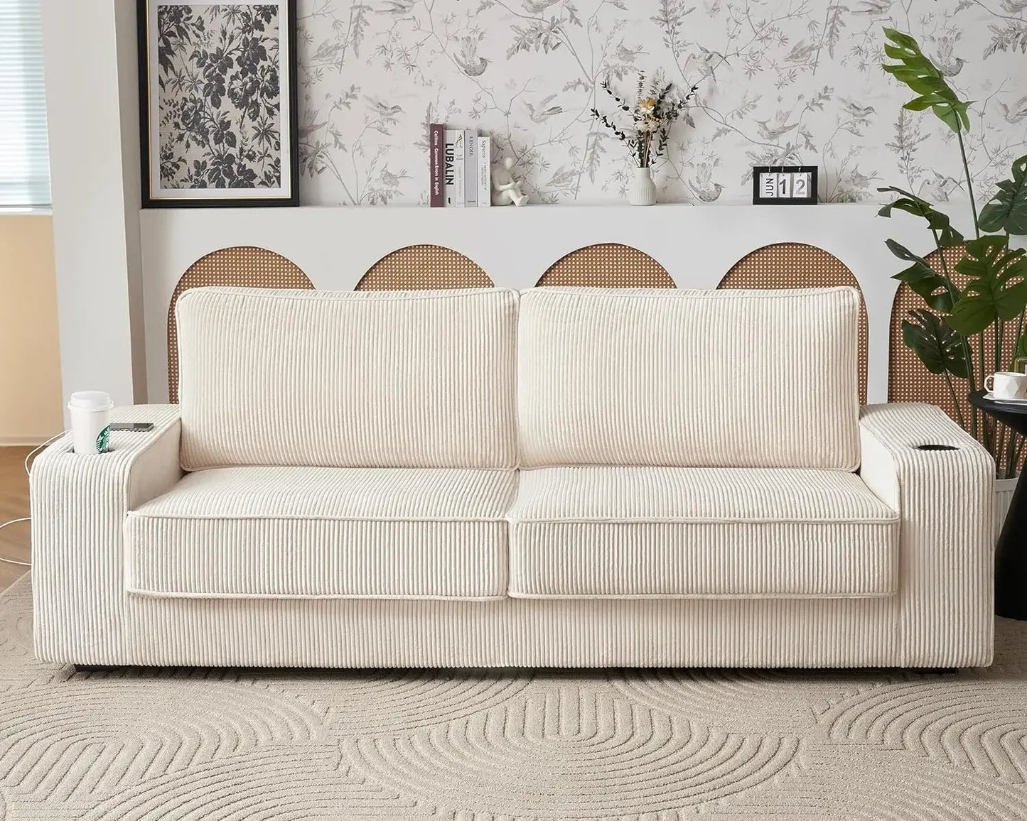 Deep Seat Sofa with USB Charging Ports & Cup Holders, Modern Sofa Couch- Comfy Couch for Living Room - HOMELIVING