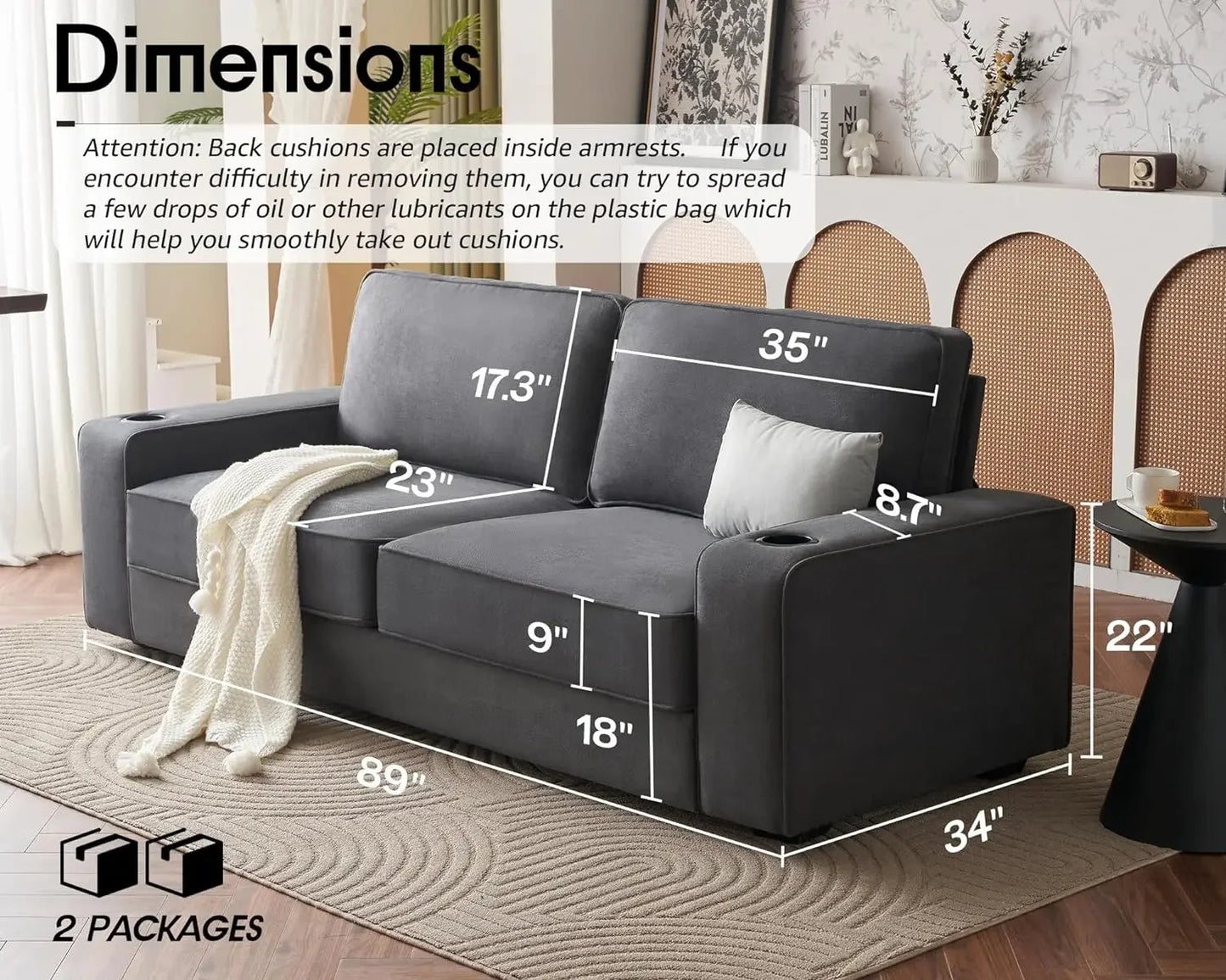 Deep Seat Sofa with USB Charging Ports & Cup Holders, Modern Sofa Couch- Comfy Couch for Living Room - HOMELIVING