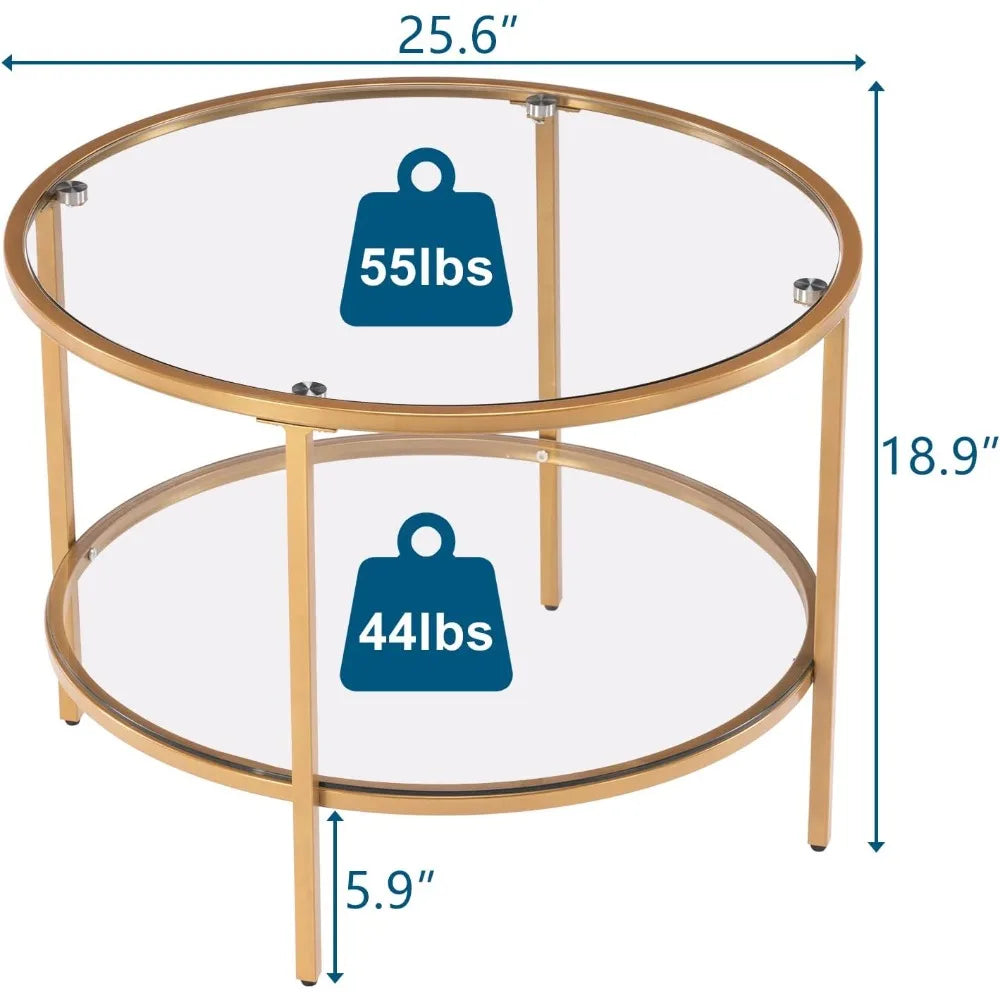 Round Gold Living Room Coffee Table with Storage Compartment Transparent Coffee, Simple Modern Medium Table for Small Spaces - HOMELIVING